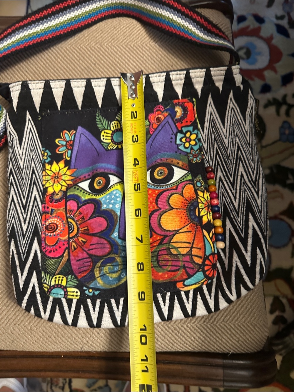 Laurel Burch Purple Cat Crossbody with Multicolor Strap and Floral Accents - Picture 7 of 9
